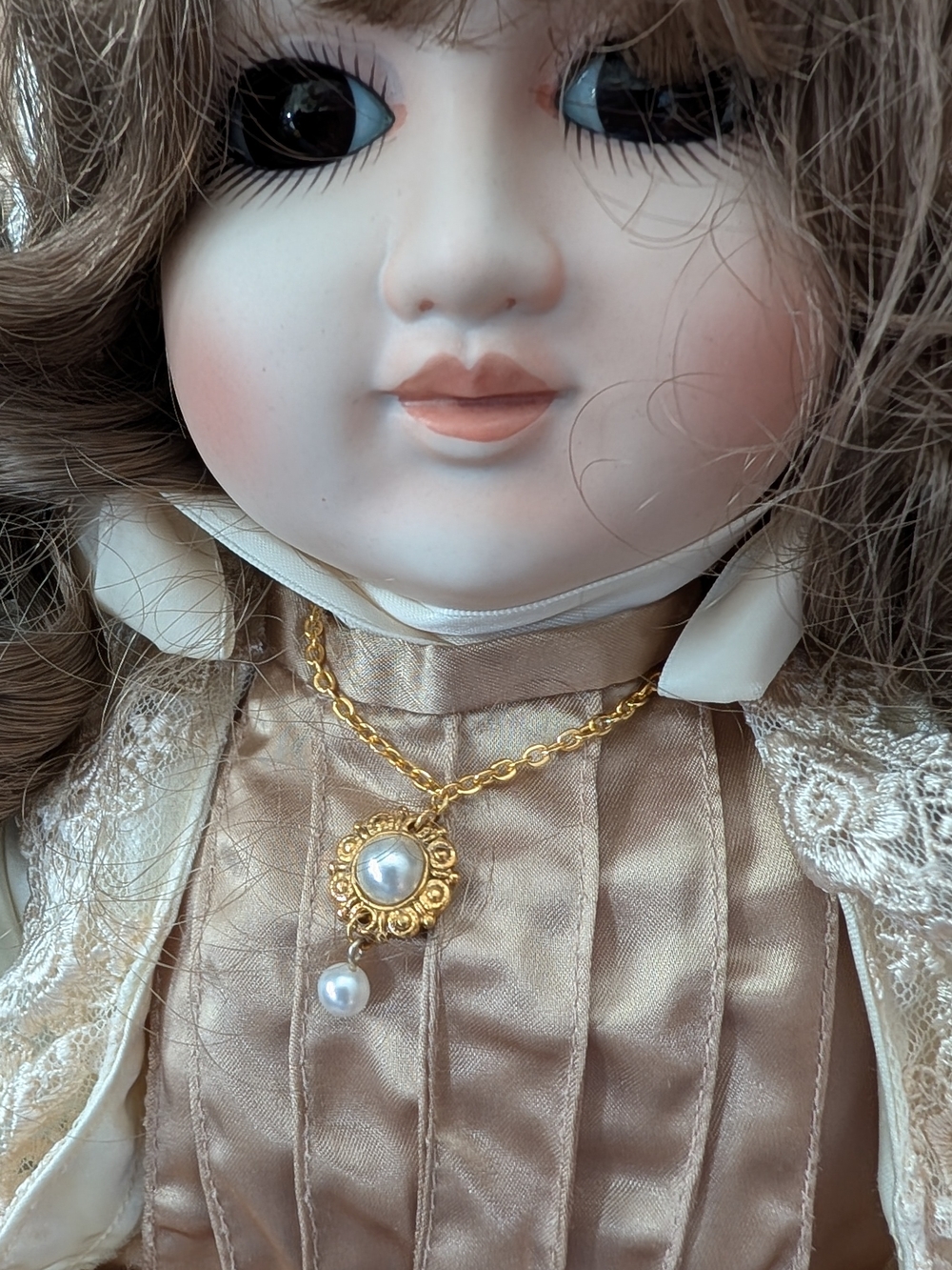 Porcelain Doll with Gold Pearl Pendant Necklace Gorham Japan